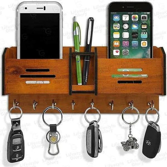 Keychain Holder Wall Hanging with 8 Hooks and Mobile Charging Stand | Brown MDF Key Organizer for Entryway and Wall Decor