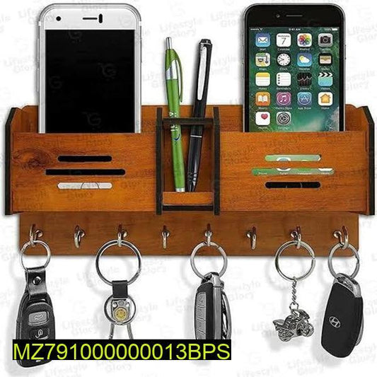 Keychain Holder Wall Hanging with 8 Hooks and Mobile Charging Stand | Brown MDF Key Organizer for Entryway and Wall Decor